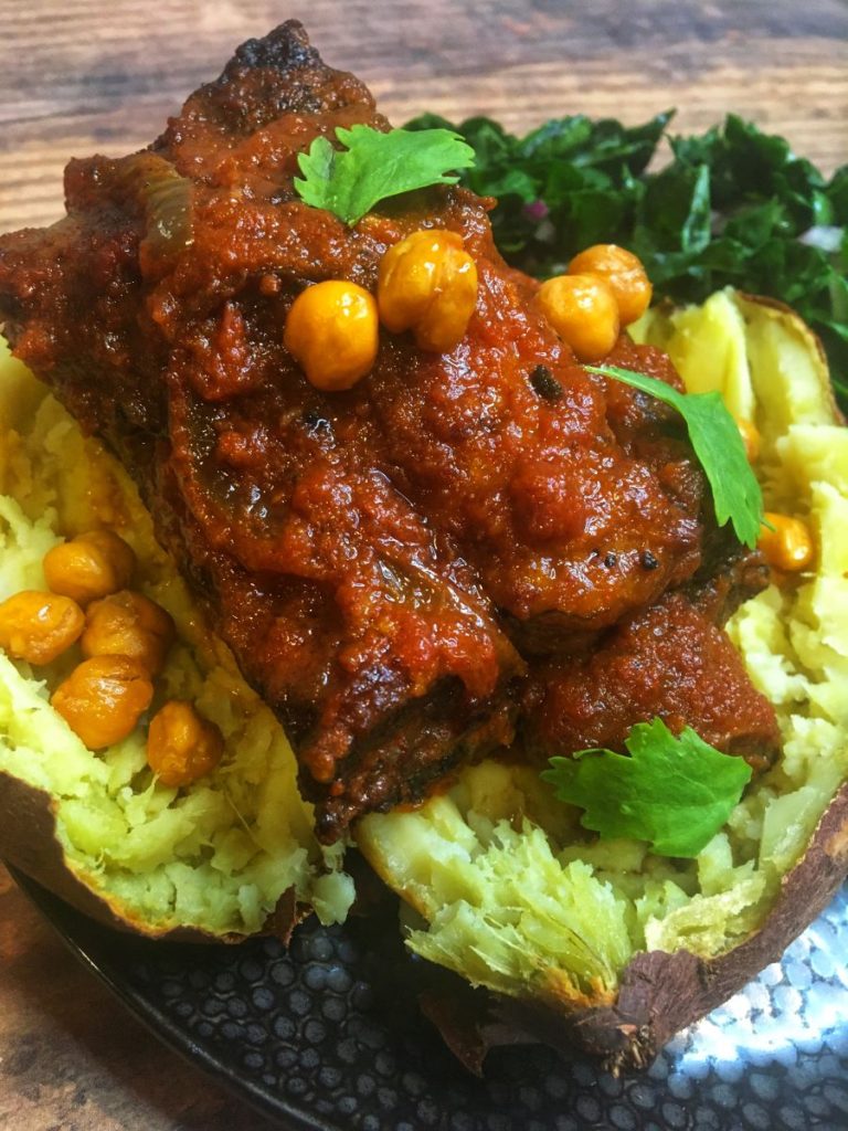 Short Rib over Japanese Sweet Potato with Crispy Chickpeas and Lacinato Kale Salad