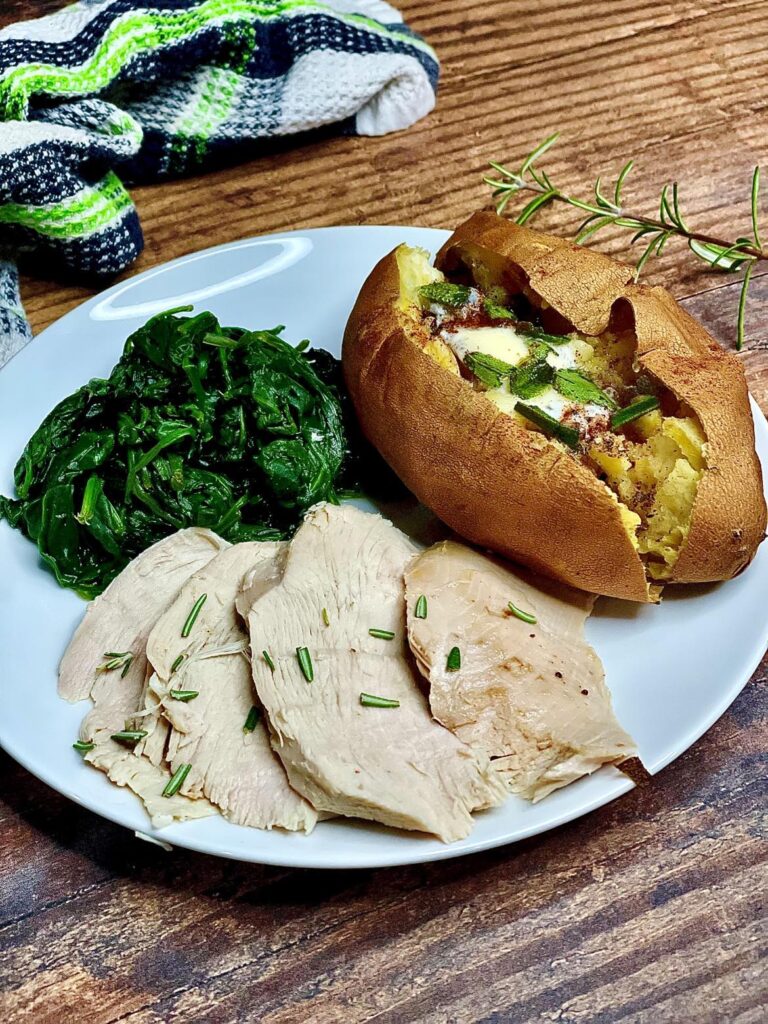 Plated Roasted Turkey Spinach Sweet Potato